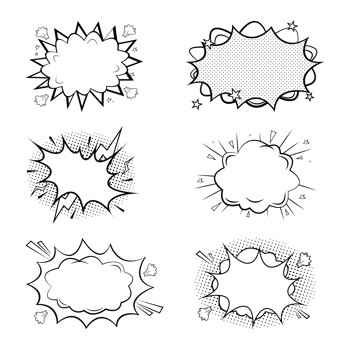 Comic explosion cloud bubbles PNG collection. Comic burst set with black and white clouds. Speech bubble icon set. Black and white flat design on a transparent background.