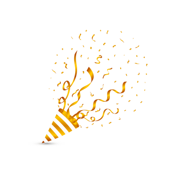 Festival confetti PNG background. Realistic birthday cap and confetti explosion design. Golden bright confetti on a transparent background. Festival and birthday celebration elements.