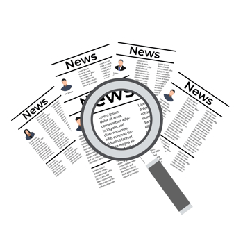 Searching Data from newspapers with a magnifying glass. Collecting data and other information from the newspapers. Flat character design with resume or newspaper and a hand holding magnifying glass. png