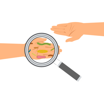 Virus and germs on hand concept. Checking hands with a magnifying glass and searching for covid-19. Coronavirus found on hands with a magnifying glass. Magnifier and bacterial cells on a human palm. png
