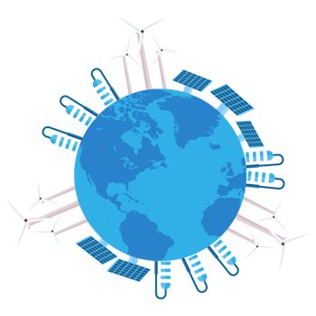 Using natural power plants to create electricity. Producing power with windmills and solar panels to protect the world environment. Saving natural power to save to earth concept with a world map. png