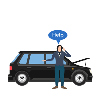 A man wearing a suit, asking for help on his mobile for a broken car. A car broke middle of an urban road and the businessman asked for help. A black car with a long-haired man flat character design. png