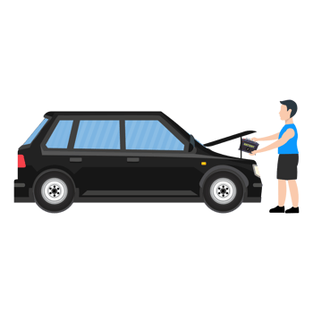 A man replacing the car battery on an urban road vector. Flat boy character repairing car parts on open road concept. Mechanic replacing a car battery, Urban buildings concept vector. png