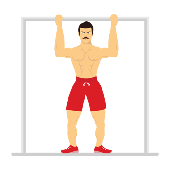 Muscular man doing pull-up exercise to gain strength concept. Bodybuilder with a mustache, doing pull-ups vector. Angry muscle man wearing red boxer pants and doing daily exercises. png