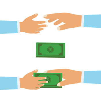 Businessman giving money bundle to another one vector. Money transferring concept with human hands. Hand giving and taking dollar bundles on a light blue background. Business offer and deal concept. png