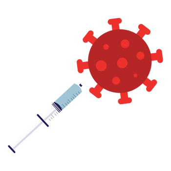 Giving a vaccine to a red virus to prevent infections. Using a syringe to vaccinate covid-19 virus concept vector. Killing coronavirus with a vaccine syringe vector and a red color bacteria icon. png