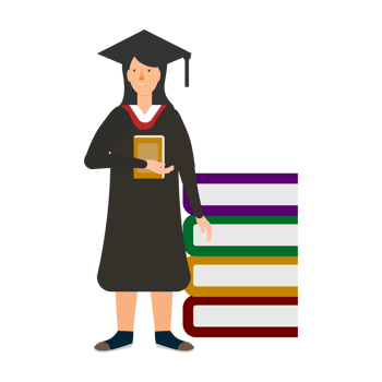Educational process concept with a girl flat character design. A girl flat illustration with a graduation dress and colorful book vector. Graduation and university concepts with white text space. png