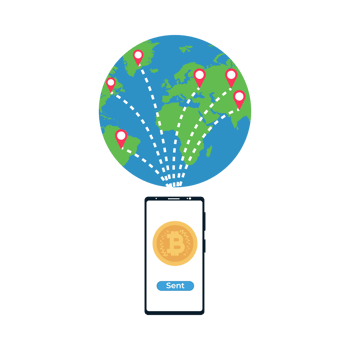 Sending bitcoin to anywhere in the world with a smartphone vector. Bitcoin and money transaction method with a world map and location points. Online money transaction system with a mobile phone. png
