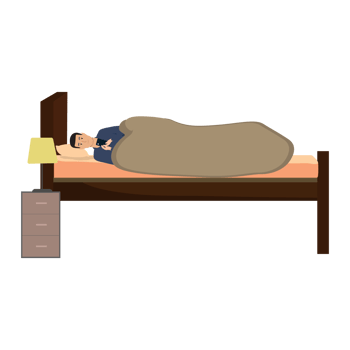 Man using mobile before sleep at night under blanket vector. Home interior vector with a clock, table lamp, big window, and bed. Man lying flat character illustration with a smartphone in his hand. png