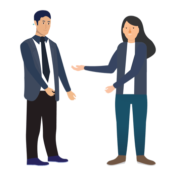 Businessman conversation concept and a man and woman discussing business strategy. Teaching an employee some working strategies, flat character illustration. Business communication concept. png