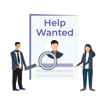 Searching for some wanted person concept with flat character design. Help wanted for business or personal works. Businessman with a big magnifying glass, searching for workers vector concept. png