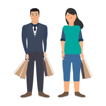 Man and woman doing shopping, flat character vector design. Couple with shopping bags in their hand in front of a store vector. Shopping and retail customer concept with a cloth store vector. png