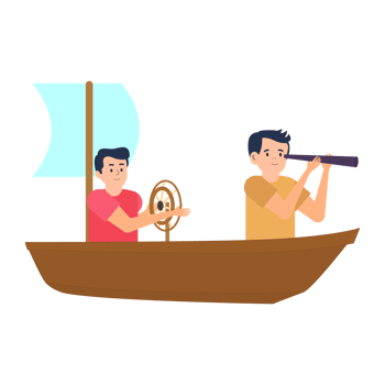 Little kid flat character illustration with a small boat and urban lake. Kids playing with the boat on a lake with a cityscape background. Playable children with scope and toy vessel on the water. png