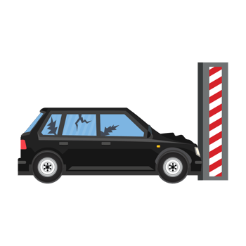 Car crash vector illustration in testing ground. A black car with broken windows and frames on an urban road. Car accidents and collation illustration with an iron test bar vector. png