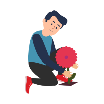 Young man planting flowers in front of his house yard vector concept. Man flat character design with red flower plant and modern house vector. A boy is gardening and taking care of flower plants. png