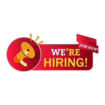 We are Hiring design png with mike speaker and red color on transparent background. Business recruiting element image with red and yellow color. Open vacancy poster element png.