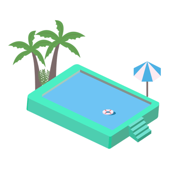 2.5D swimming pool landscape vector collection. Swimming pool collection vector with lifebuoy and coconut tree. Pool 3D art with a lifebuoy and sunbathe. png