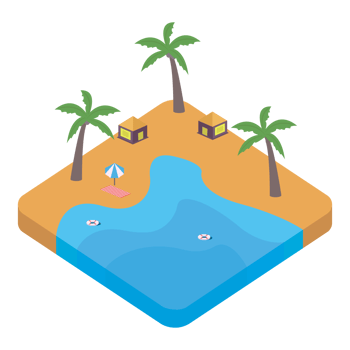 2.5D sandy beach vector design with lifebuoy and resort concept, Sandy beach vector with 2.5D shaped landscape, Beach with a lifebuoy in the summertime. png