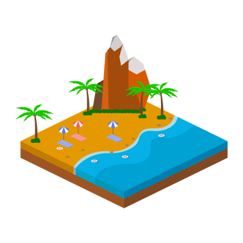 2.5D sandy beach vector design with Hill concept, Sandy beach vector with 2.5D shaped landscape, Beach with a tourist in the summertime. png