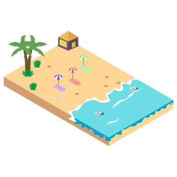 Sandy beach concept vector illustration. Sandy beach vector with resort concept and coconut tree. Seashore 3D art with lifebuoy. png