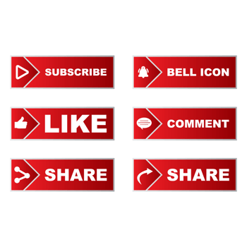 Subscribe button stylish collection with multiple shapes. Red color button collection with like, comment, and share icon. Metallic red color social media button collection. png