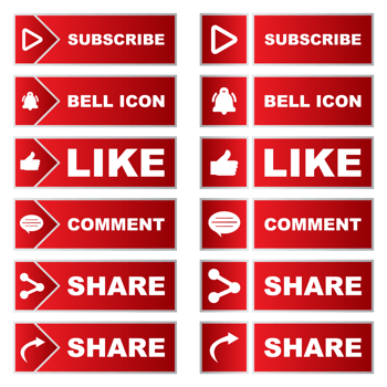 Subscribe button collection with multiple shape. Red color button collection with like, comment and share icon. Metallic red color social media button collection. png