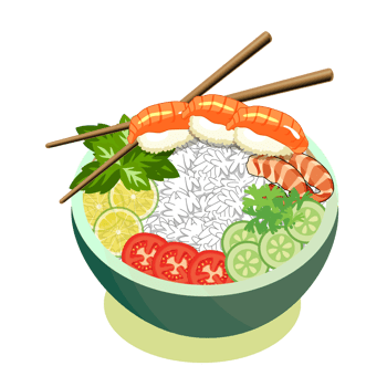 Stir fry salad with sushi and shrimps in a bowl with a slate background. Top view copy space. Shrimp and vegetables served with salad. Chopsticks with Asian food vector. png
