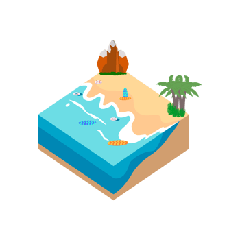 2.5D Sandy beach landscape concept vector illustration. Sandy beach vector with surfboard and hill concept and coconut tree. Seashore 3D art with lifebuoy. png