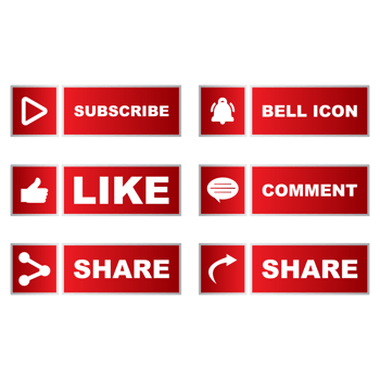Subscribe button collection with the like, share, and comment section. Stylish metallic color button collection for social media posts. Metallic red color design for social media. png