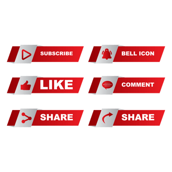 Metallic subscribe button collection with the like, share, and comment section. Red color button collection for social media posts. Red color design for social media. png
