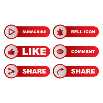 Subscribe button collection with the like, share, and comment section. Stylish metallic color button collection for social media posts. Metallic red color design for social media. png
