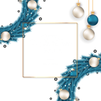 Christmas sales banner with blue wreath. Sales banner with wreath, white balls, blue balls. Christmas wreath on dark background. Christmas banner template with decoration elements. png