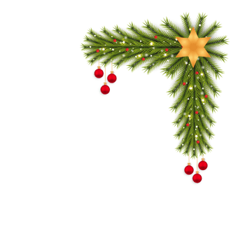 Christmas corner with a golden star and decoration ball. Xmas Corner with red berries and starlights. Christmas corner, Xmas decoration ball, red ball, snowflakes, Golden star, pine leaves, berry. png