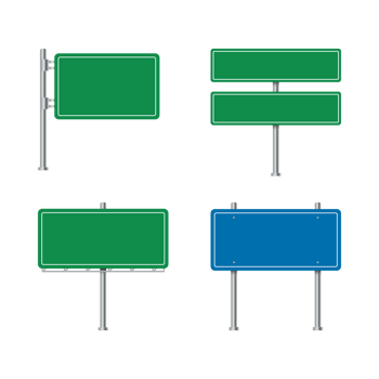 Road billboard vector. Blank advertising billboard. Blue, green road signs. Set of highway signs isolated on a white background. Colorful street signs. Advertising sign, direction sign, billboard. png
