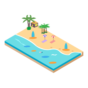 Sandy beach concept vector illustration. Sandy beach vector with surfboard and resort concept and coconut tree. Seashore 3D art with lifebuoy. png