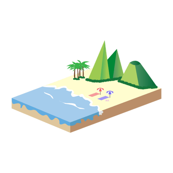 2.5D sandy beach vector design with the green hill concept, Sandy beach vector with 2.5D shaped landscape, Beach with blue sea in the summertime. png