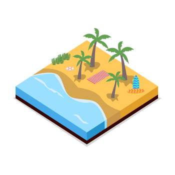 2.5D Sandy beach landscape vector design. Sandy beach collection with lifebuoy and surfboard. Seashore 3D art with lifebuoy and sunbathe. png