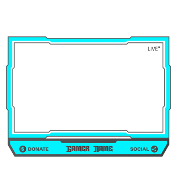 Live game streaming overlay with dark black and light blue color shade. Stylish live streaming overlay frame. Screen overlay for live streamers.  Dark black color overlay frame with donation buttons. png