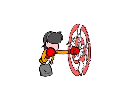 Female manager jab the target untik break using boxing glove. Achievement concept. Vector illustration design on isolated white background