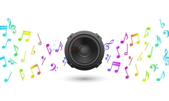 Audio speaker with music note abstract background, vector illustration