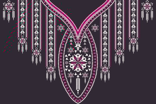 Ethnic neckline embroidery geometric flower shape pink color design on black background. Feminine tribal art fashion for shirts. vector