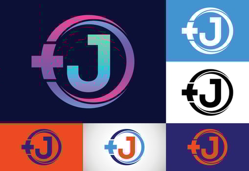Initial J monogram in a circle with cross plus. Medical logo. Logo for pharmacy, clinic business. vector