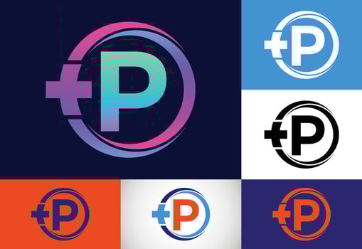 Initial P monogram in a circle with cross plus. Medical logo. Logo for pharmacy, clinic business. vector