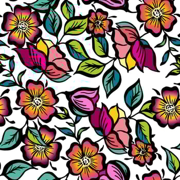 Vector set of hand-painted vintage flowers. Seamless ornamental pattern