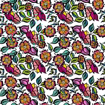 Vector set of hand-painted vintage flowers. Seamless ornamental pattern