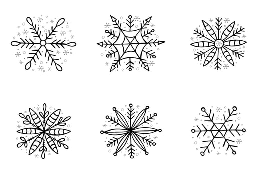 A set of hand-drawn snowflakes. Vector illustration in doodle style. Winter mood. Hello 2023. Merry Christmas and Happy New Year. Black and gray elements on a white background.