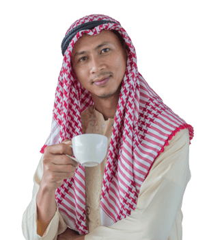 Arab man showing a cup in a coffee shop. png