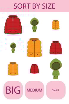 Match the clothes by size large, medium and small. Children's educational game. vector