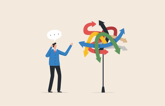 Choosing  a Business or career path.  Confusion, uncertainty in choosing a route. Businessman looking at multiple road sign with question mark. vector