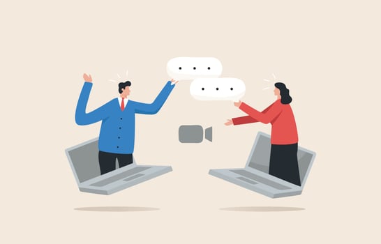 Video conference meaeting. Remote work collaboration. Online meeting. Long distance negotiations. Young man and woman video chat on laptop. vector
